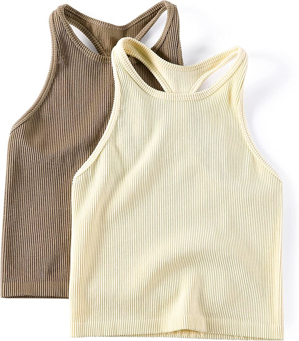 ODODOS Women's Crop 3-Pack Washed Seamless Rib-Knit Camisole Crop Tank Tops | Amazon (US)