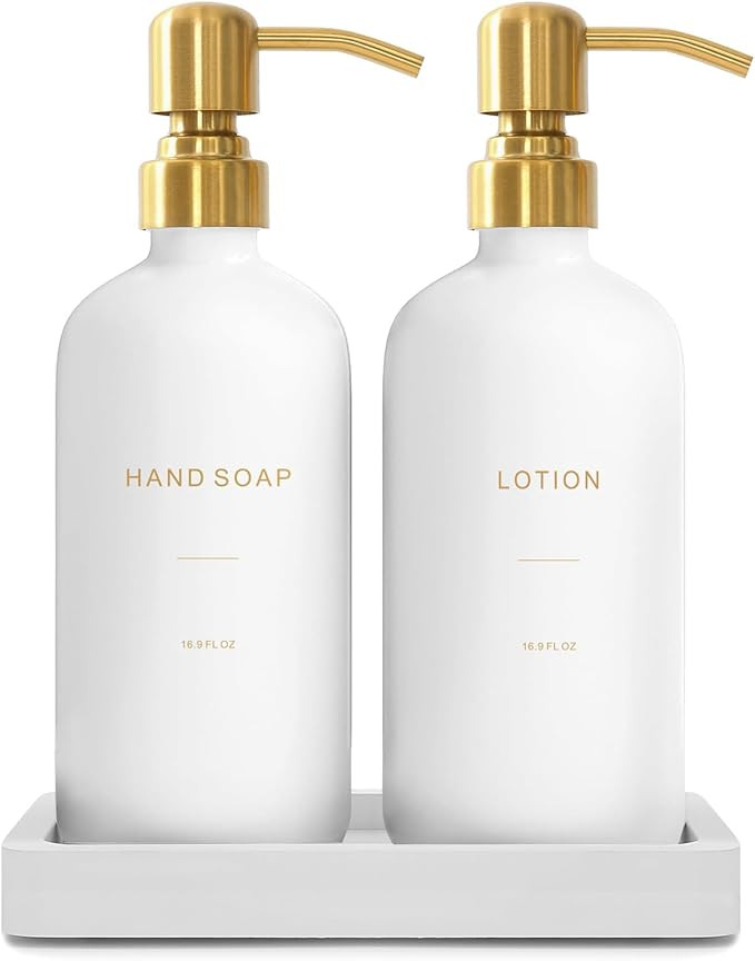 Gold Soap Dispenser Bathroom Set, Glass Hand Soap Dispenser, and Lotion Dispenser with Gold Stain... | Amazon (US)