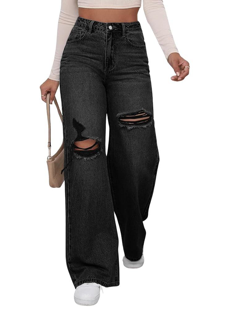 WDIRARA Women's High Waist Ripped Wide Leg Baggy Jeans Distressed Denim Pants | Amazon (US)