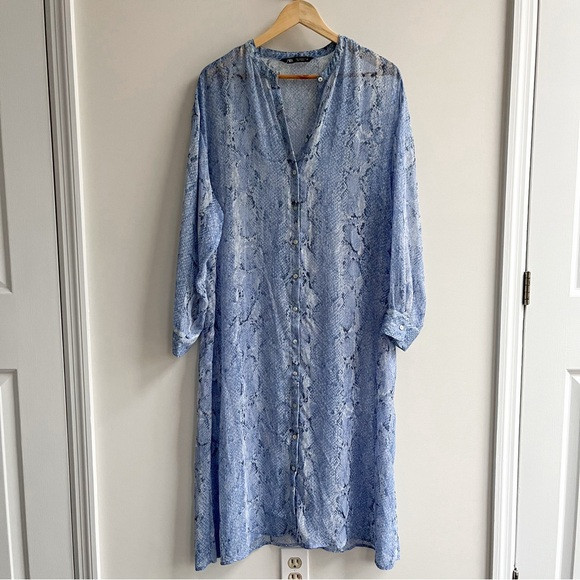 [zara] sheer metallic snake print maxi shirt dress swim coverup blue M | Poshmark