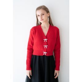 Bowknot Brooch Button Up Crop Knit Cardigan in Red | Chicwish