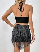 SHEIN BAE Fringe Trim Backless Halter Top & Shorts | SHEIN