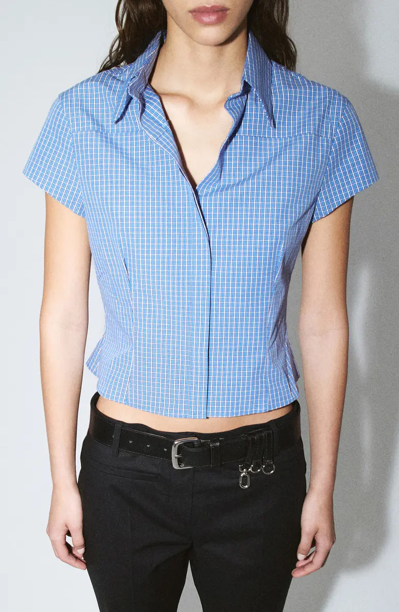 MANGO Featuring Hailey Bieber Gigi Check Print Crop Cotton Shirt | Nordstrom | Nordstrom
