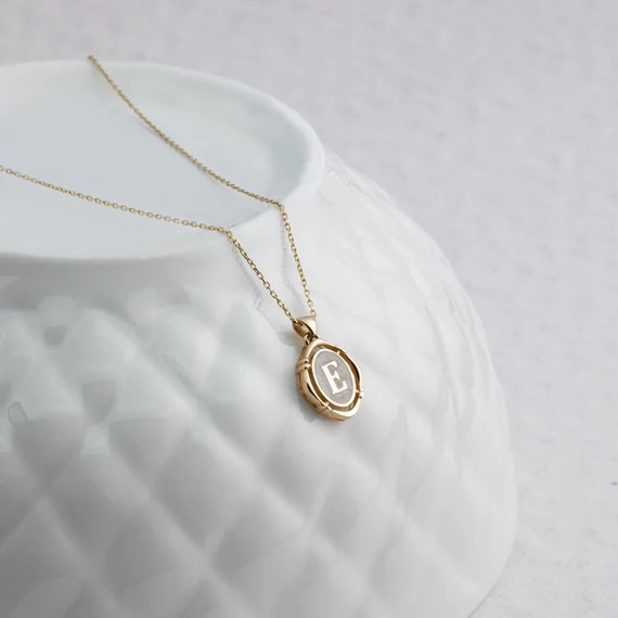 14k Gold Enamel Letter Necklace / Handmade Pearl Color Enamel Initial Necklace /Small Initial Nec... | Etsy (CAD)