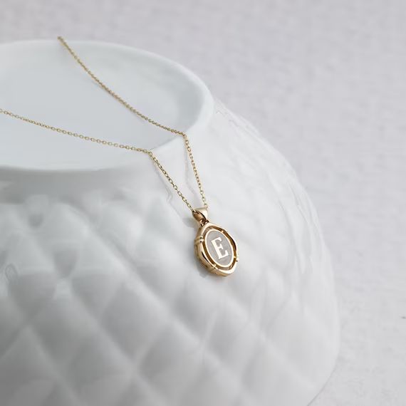 14k Gold Enamel Letter Necklace / Handmade Pearl Color Enamel Initial Necklace /Small Initial Nec... | Etsy (CAD)
