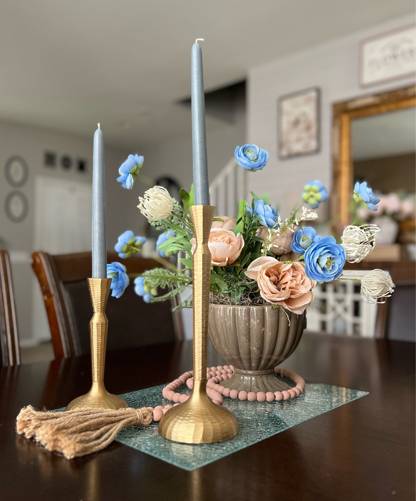 Simple table scape. Blue ranunculus for Summer. Candlestick holders are from Kirkland’s but no longer available. Shared pretty ones from Target.

#LTKHome #LTKdayinmylife