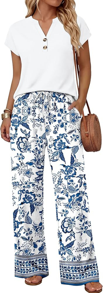 WIHOLL Two Piece Set for Women Summer Outfits Cruise Vacation Fashion Clothing Wide Leg Lounge Pa... | Amazon (US)