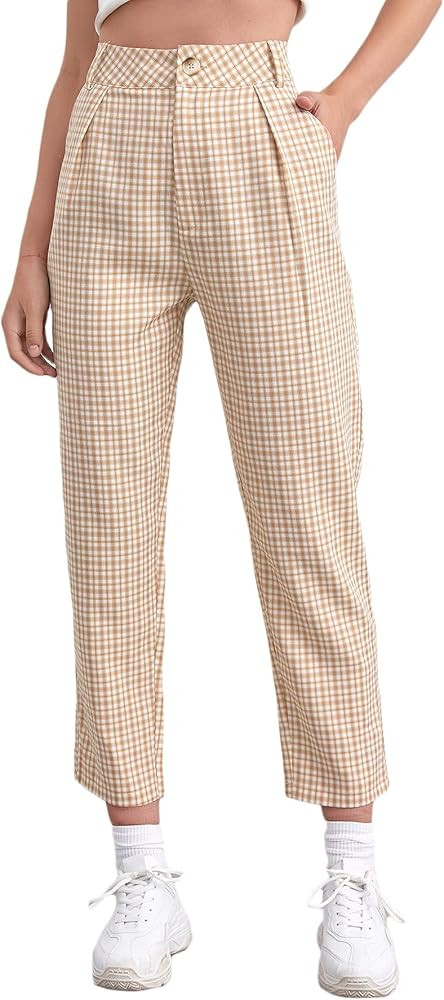 Floerns Women's Plaid Print High Waisted Cropped Straight Leg Pants with Pocket | Amazon (US)