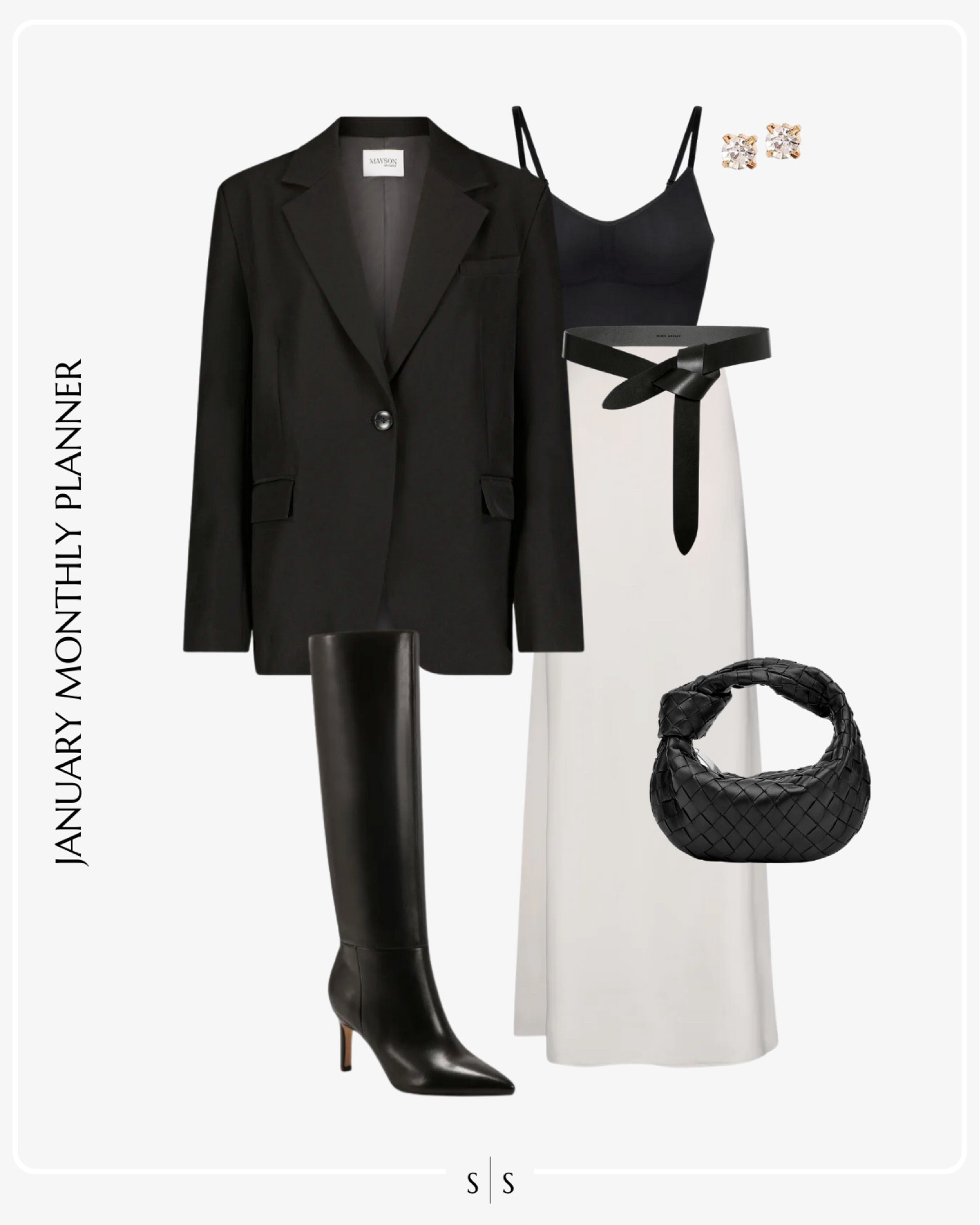 Monthly outfit planner: JANUARY: Winter looks | black blazer, satin silk skirt, knee high boot, belt, woven handbag, diamond stud earrings 

See the entire calendar on thesarahstories.com ✨ 

#LTKstyletip