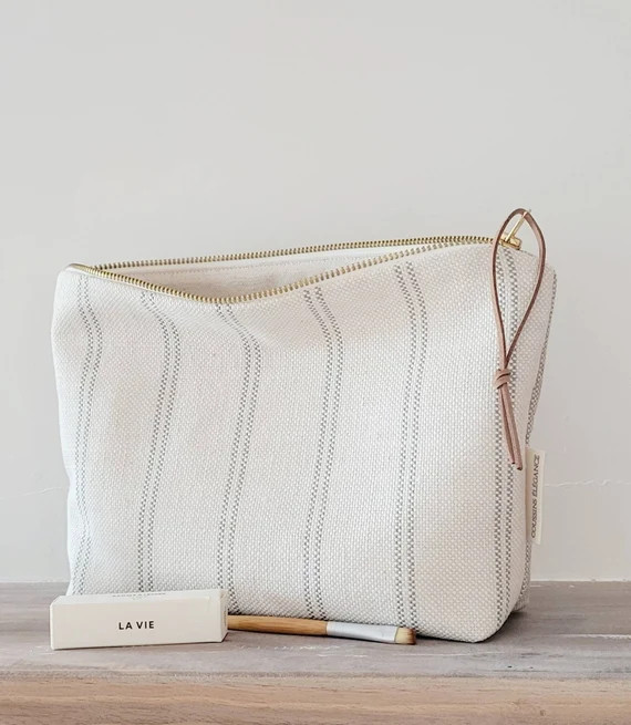 Striped Makeup Bag Minimalist Cosmetic Bag Neutral Makeup | Etsy | Etsy (US)