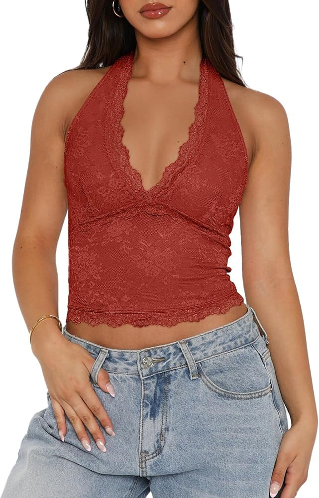 REORIA Women's V Neck Lace Halter Backless Double Lined Tank Top | Amazon (US)