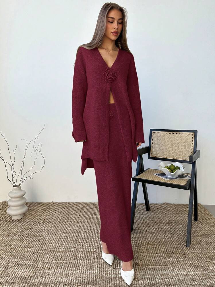 Aloruh Women's New Knitted Mid-Length Cardigan And Straight Hem Skirt Set, Versatile For Home And Outdoor, 2 Pieces Set | SHEIN