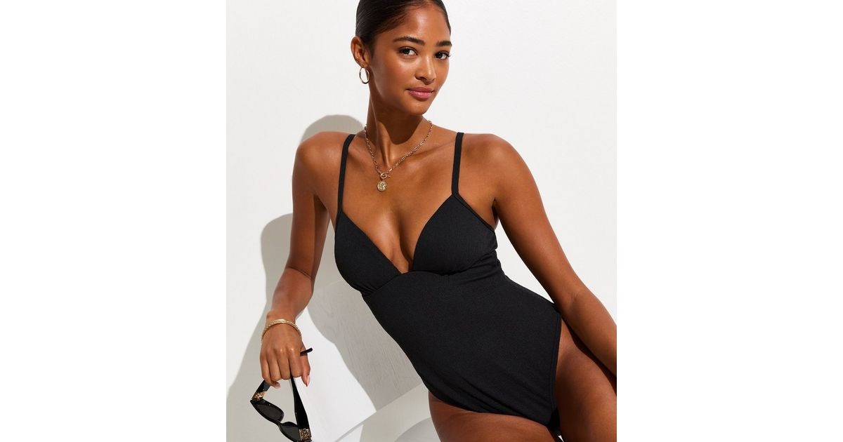 Black Tummy Control Textured Ruched Cup Swimsuit | New Look | New Look (UK)