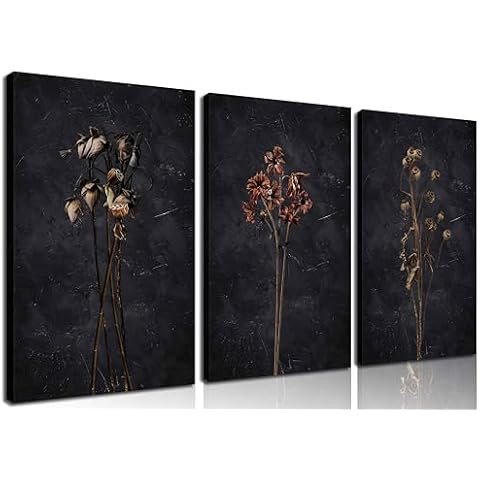 SIKERIC Dark Dried Floral Wall Art, (16x24 Inch) Framed Canvas Print Set of 3, Minimalist Botanic... | Amazon (US)