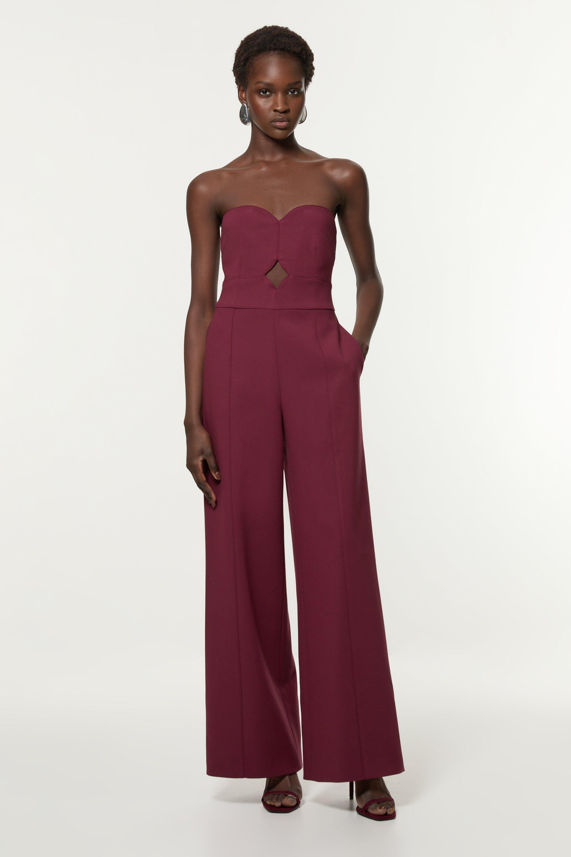 Compact Stretch Bandeau Tailored Wide Leg Jumpsuit | Karen Millen UK + IE + DE + NL