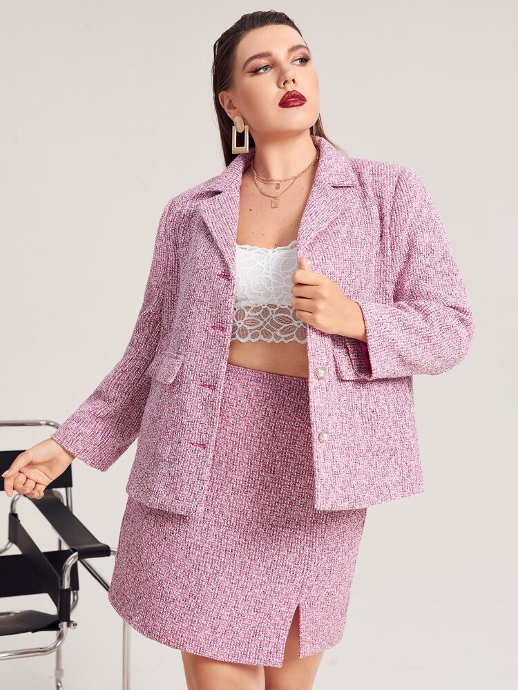 SHEIN Plus Lapel Neck Flap Pocket Tweed Blazer | SHEIN