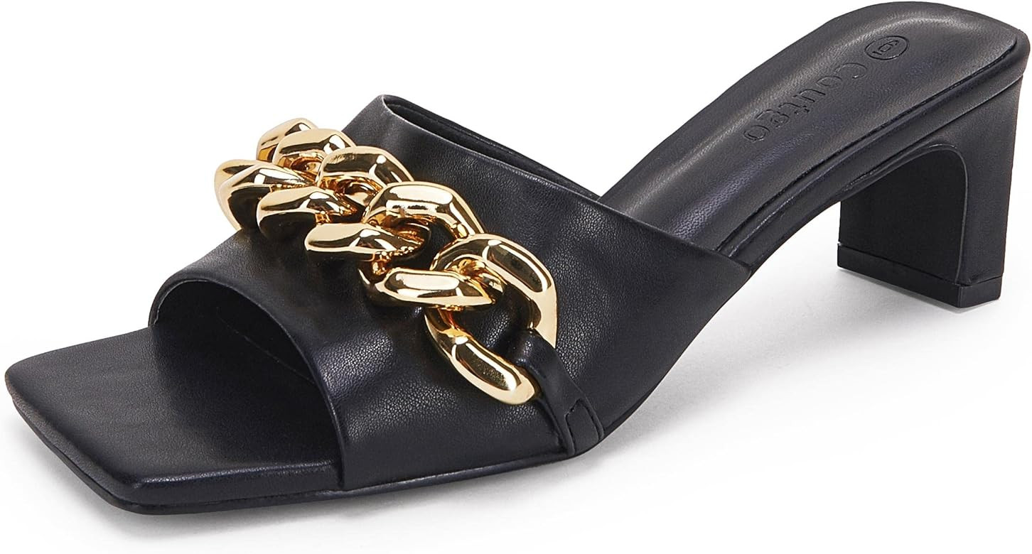 Coutgo Womens Low Block Heel Slide Sandals Square Toe Backless Slip On Heeled Mule Shoes with Cha... | Amazon (US)