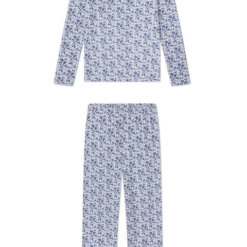 Pima Crew Long-Long Set in Sea Depth Garden Floral | Lake Pajamas