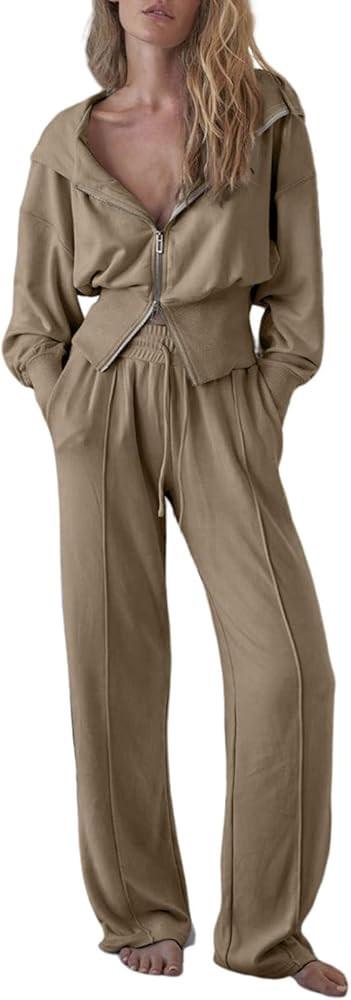 Womens 2 Piece Casual Outfit Workout Hoodie Sweatsuits with Sweatpant Travel Airport Track Suits ... | Amazon (US)