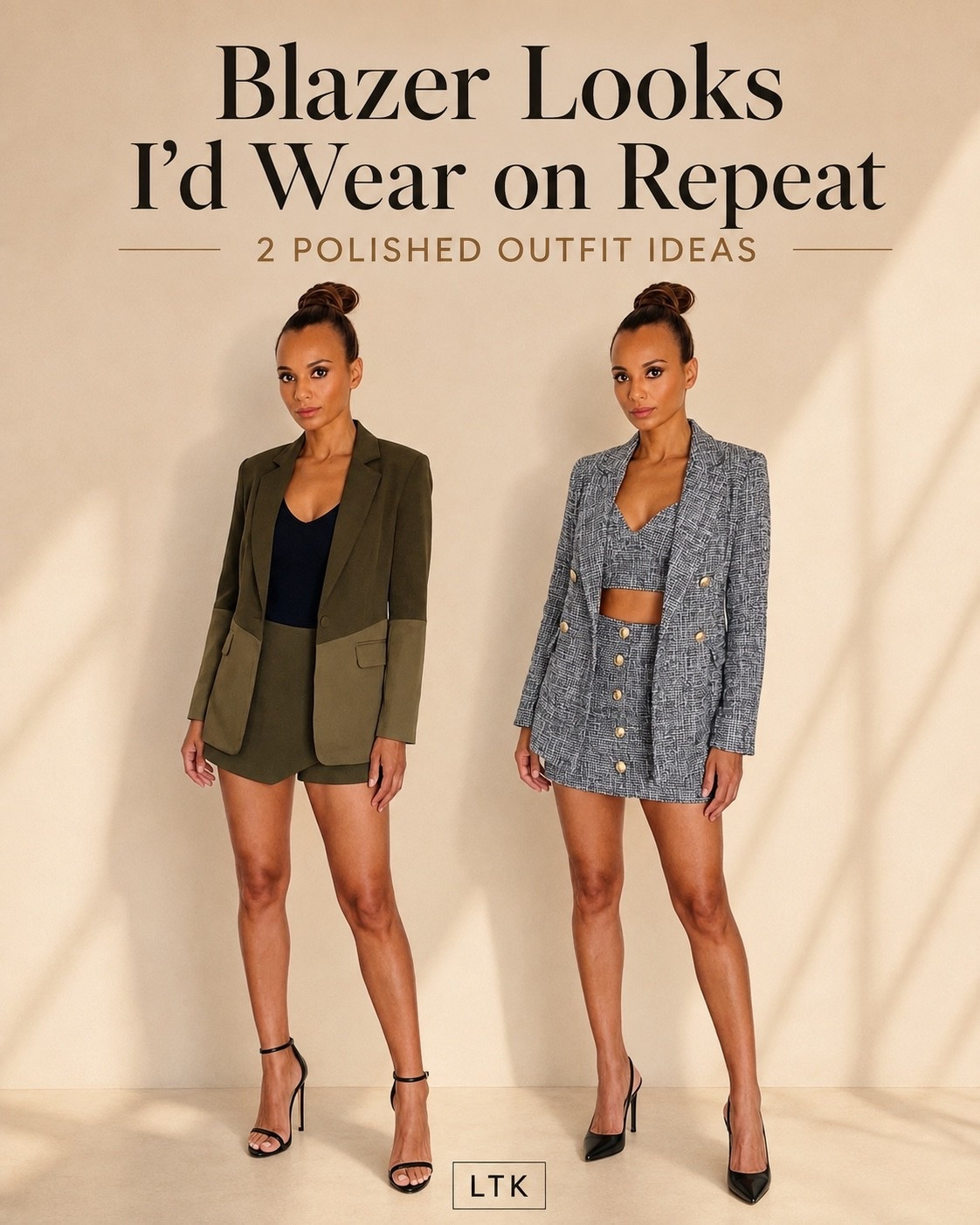 Blazer season, but make it chic ✨ Two polished looks that can go from work to dinner without trying too hard. I love the tailored shorts, structured blazers, and sleek heels for an easy elevated outfit. Shop both looks below 🤎 #LTKStyle #BlazerStyle #WorkwearInspo #ChicOutfits #DateNightStyle #OutfitInspo

#LTKootd #LTKWorkwear
