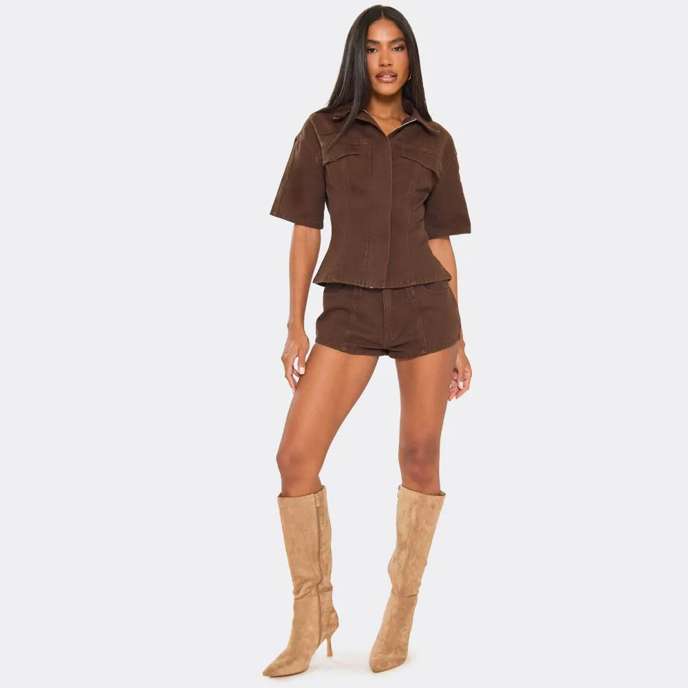 Mid Rise Seam Detail Shorts In Chocolate Brown Denim | EGO (UK)