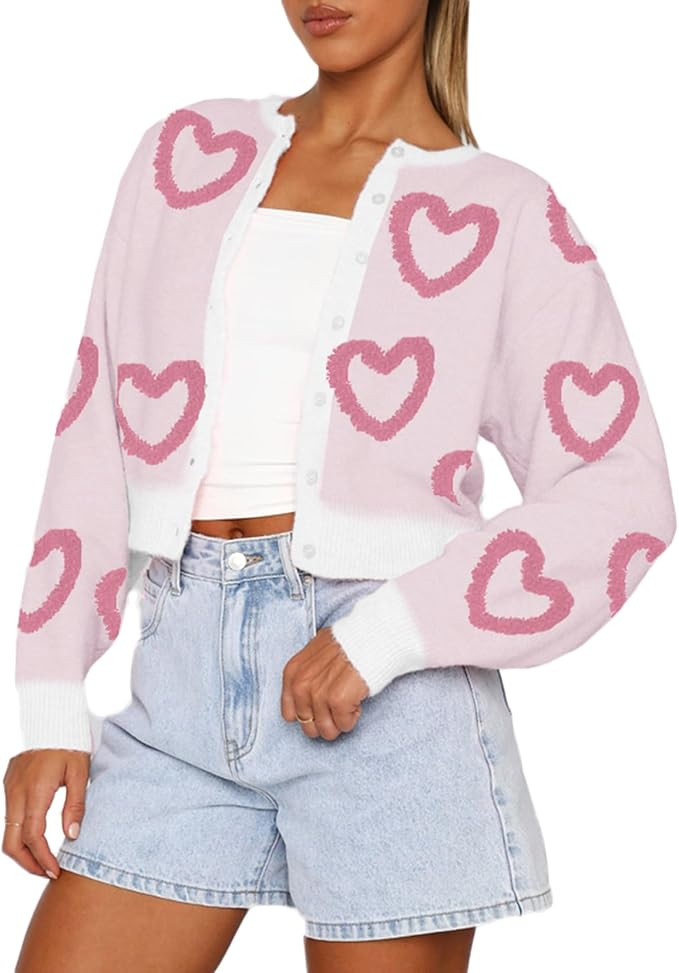 Women Valentines Crop Sweater Cardigan Love Long Sleeve Heart Printed Y2k Button Down Knitted Shi... | Amazon (US)