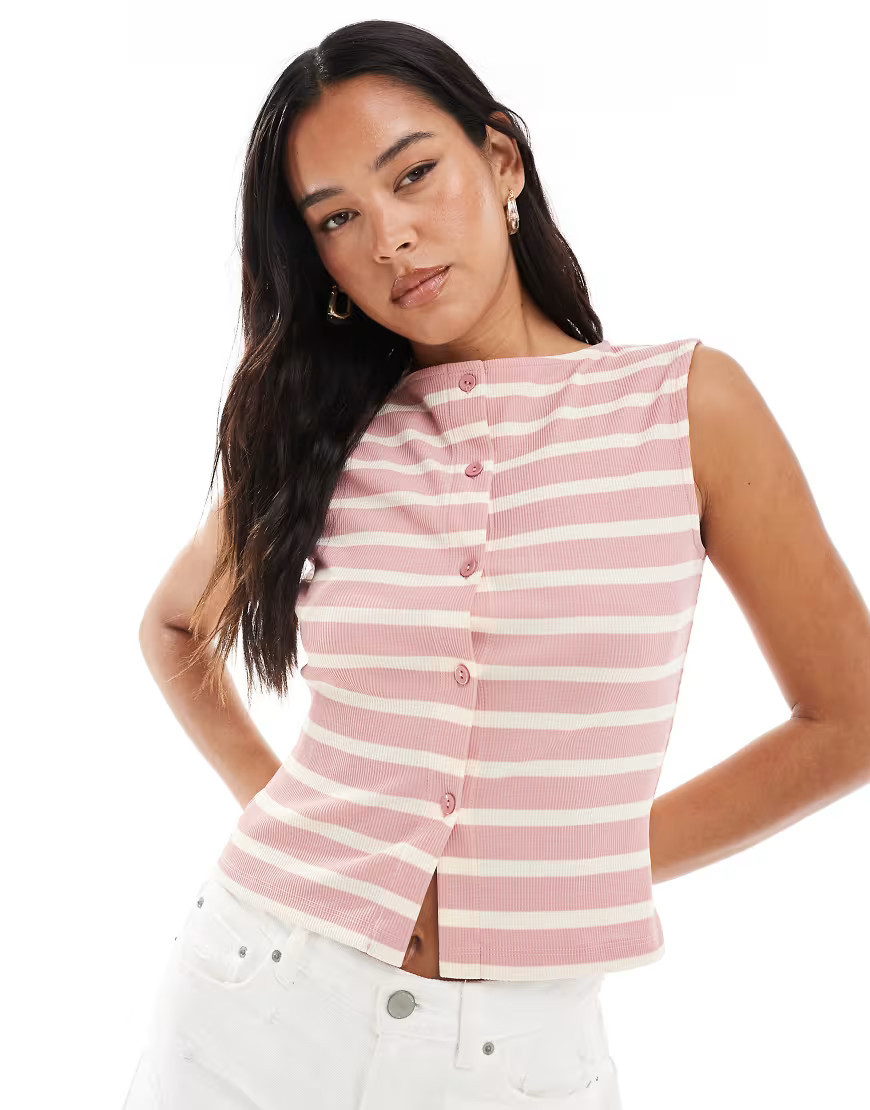 ASOS DESIGN stripe sleeveless button through top in dusky pink | ASOS (Global)