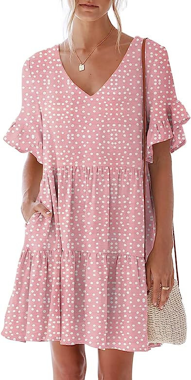 nclook Women's Summer Casual Dress Sweet & Cute V-Neck Mini Dress with Pocket Short Sleevele Ruff... | Amazon (US)