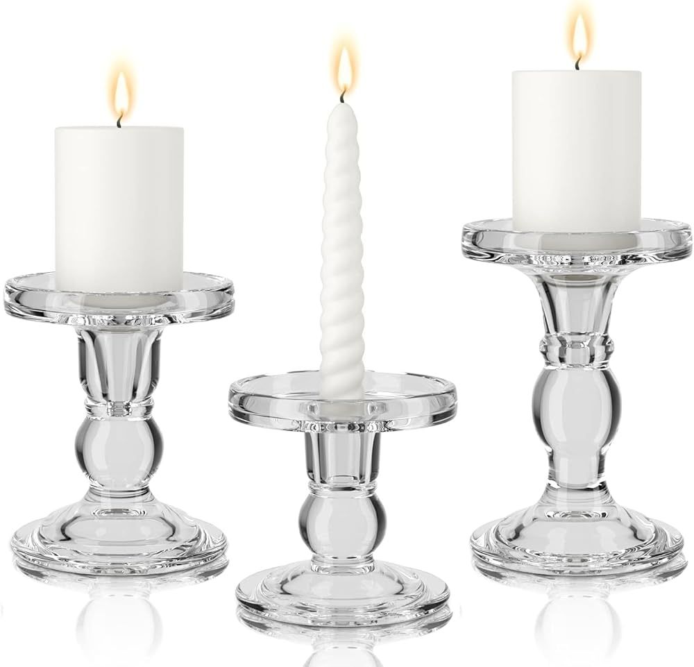 Clear Glass Candlestick Holders for Taper Candles, Pillar Candles, Tealight Candles-Candle Holder... | Amazon (US)