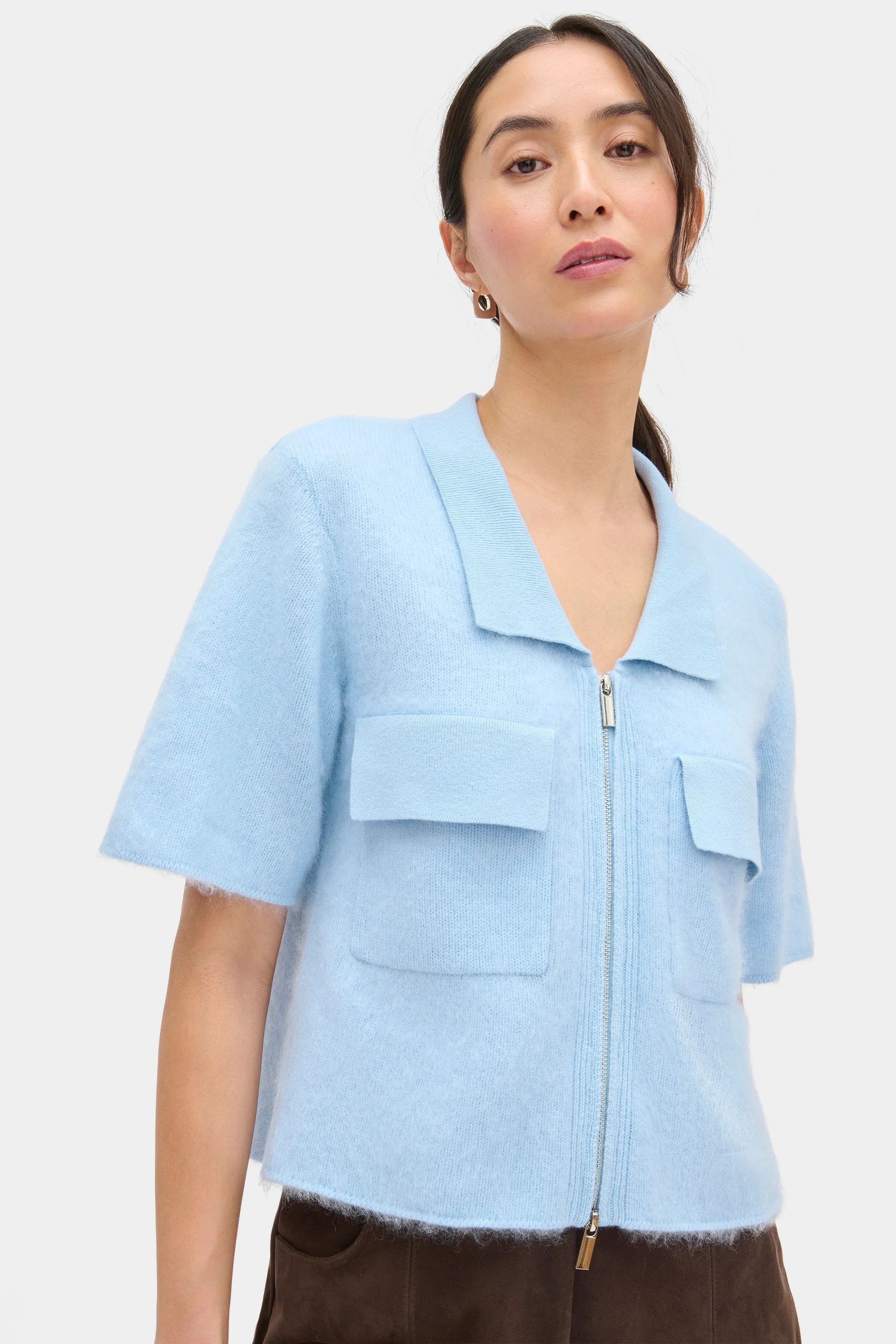 ALIGNE Brushed Wool Zip Up Knitted Shirt - Blue | Erika | ALIGNE USA