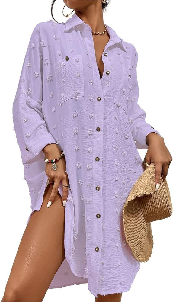 Bsubseach Women Swimsuit Coverup Blouse Button Down Shirt Dresses Swiss Dot Tops | Amazon (US)