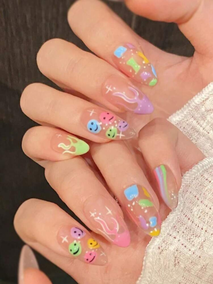 24pcs Almond Rainbow Color French Tip Press On Short Nails With Flame ,Stars And Colorful Smile Design,Pink Girl Style, Easy To Wear Acrylic False Nail Set,Contain 1pc Jelly Glue And 1pc Nail File, Nail Art Supplies Suitable For Women And Girls Daily Life And All Kinds Of Party Use | SHEIN