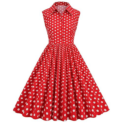 Women 1950s Vintage Shirt Dress 50s Style Polka Dot Dress Vintage Cocktail Dress for Women 1950s Tea Party Dress Sleeveless Buttons Fit Flare A line Church Dress Rockabilly Prom Dress Red Polka Dot XL | Amazon (US)