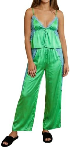 Satin Silk for Women Lace Patchwork Pajama Sets 2 Pcs Outfits Sleepwear | Amazon (US)