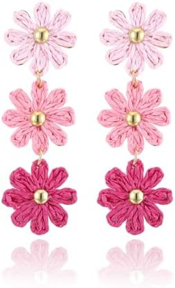 Raffia Daisy Flower Earrings, Raffia Straw Wrapped Daisy Drop Dangle Earrings Summer Tropical Bea... | Amazon (US)