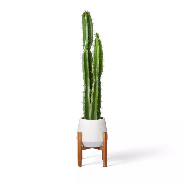 47" x 11" Faux Cactus Plant with Wood Stand Planter White - Hilton Carter for Target | Target