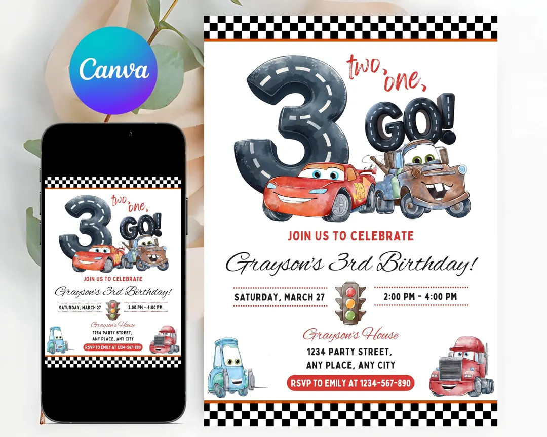 Lightning Mcqueen 3rd Birthday Invitation - Editable Watercolor Cars Party Invite Canva Template ... | Etsy (US)