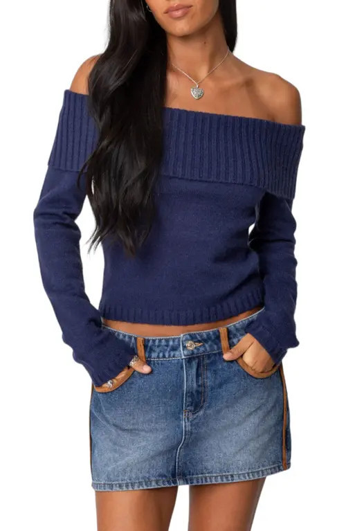 EDIKTED Tamara Foldover Knit Top in Navy at Nordstrom, Size X-Large | Nordstrom