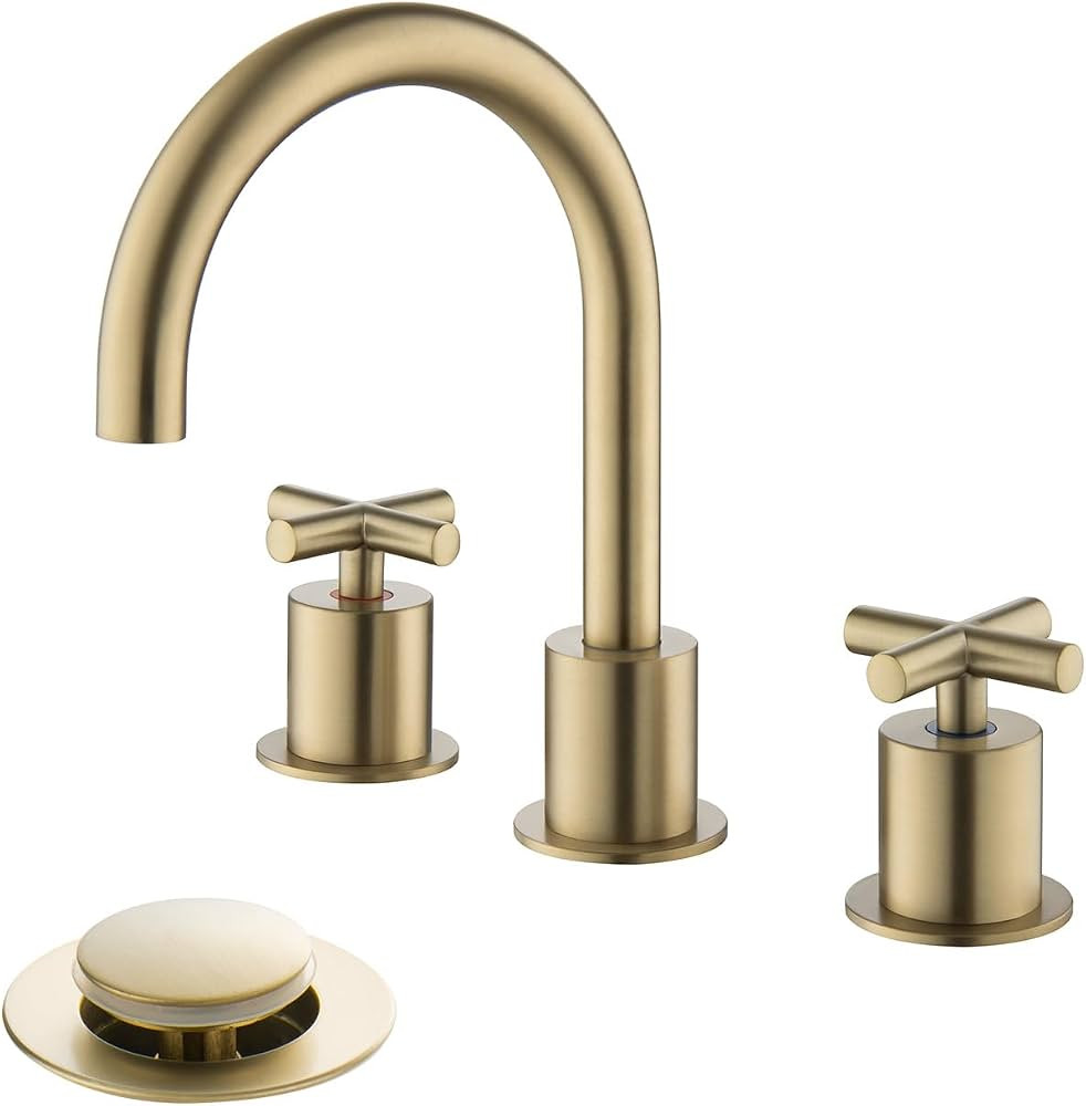 2 Cross-Handle Gold Bathroom Sink Faucets with Waste Drain for 3 Hole 4-16 inch Deck Sink, Solid ... | Amazon (US)