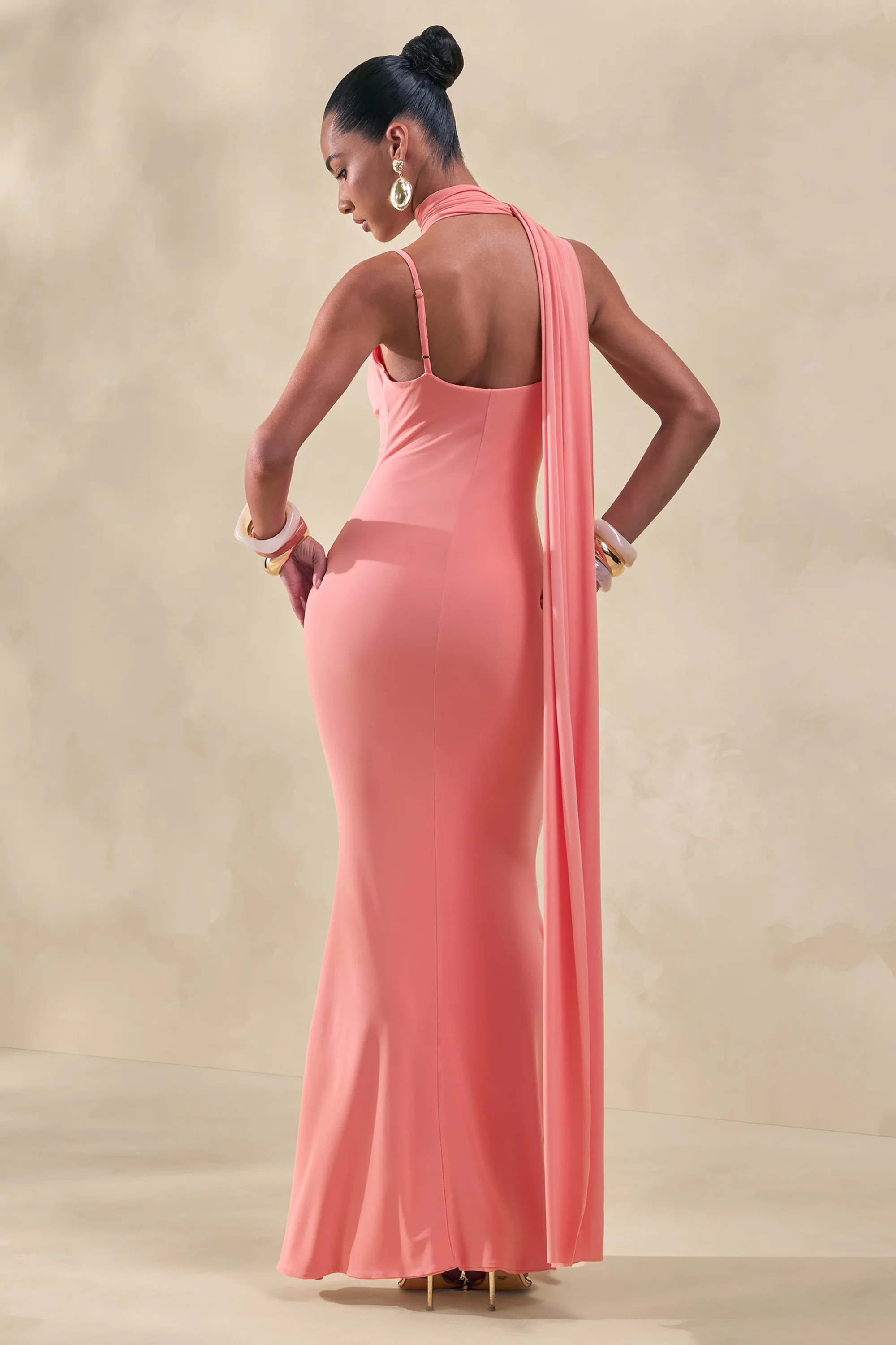 Kenza | Coral Asymmetric-Neck Maxi Dress With Scarf-Detail | Club L London