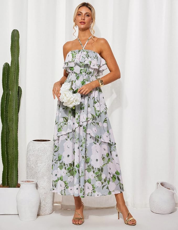 GRACE KARIN Women's Summer Floral Maxi Dress Off The Shoulder Halter Sleeveless Ruffle A-Line Wed... | Amazon (US)
