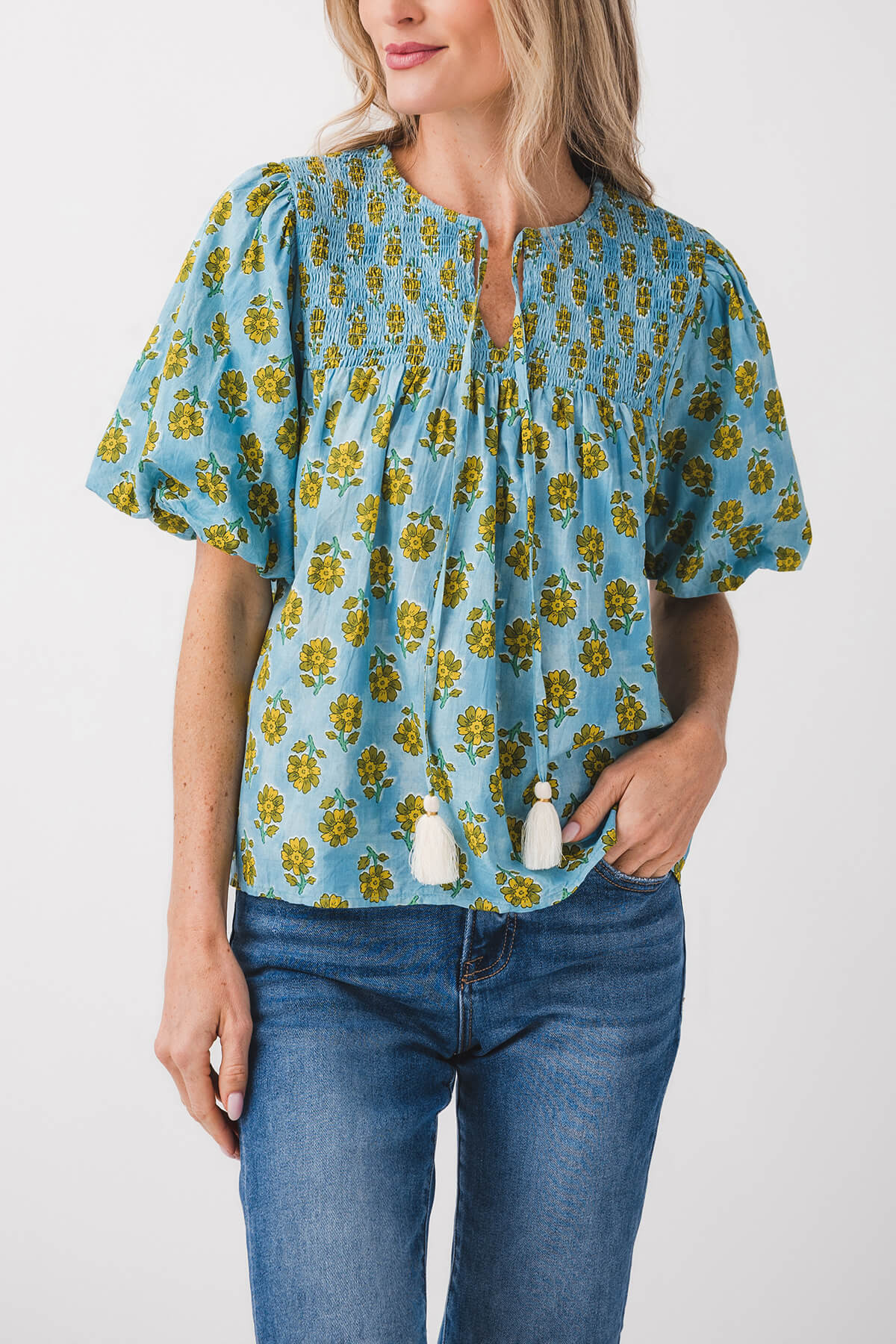 THML Tassel Tie Puff Sleeve Top | Social Threads