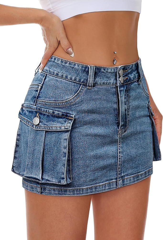 Mancreda Women Denim Cargo Skirt Mini Low Waist Button Bodycon Y2K Flap Pockets Skirts | Amazon (US)