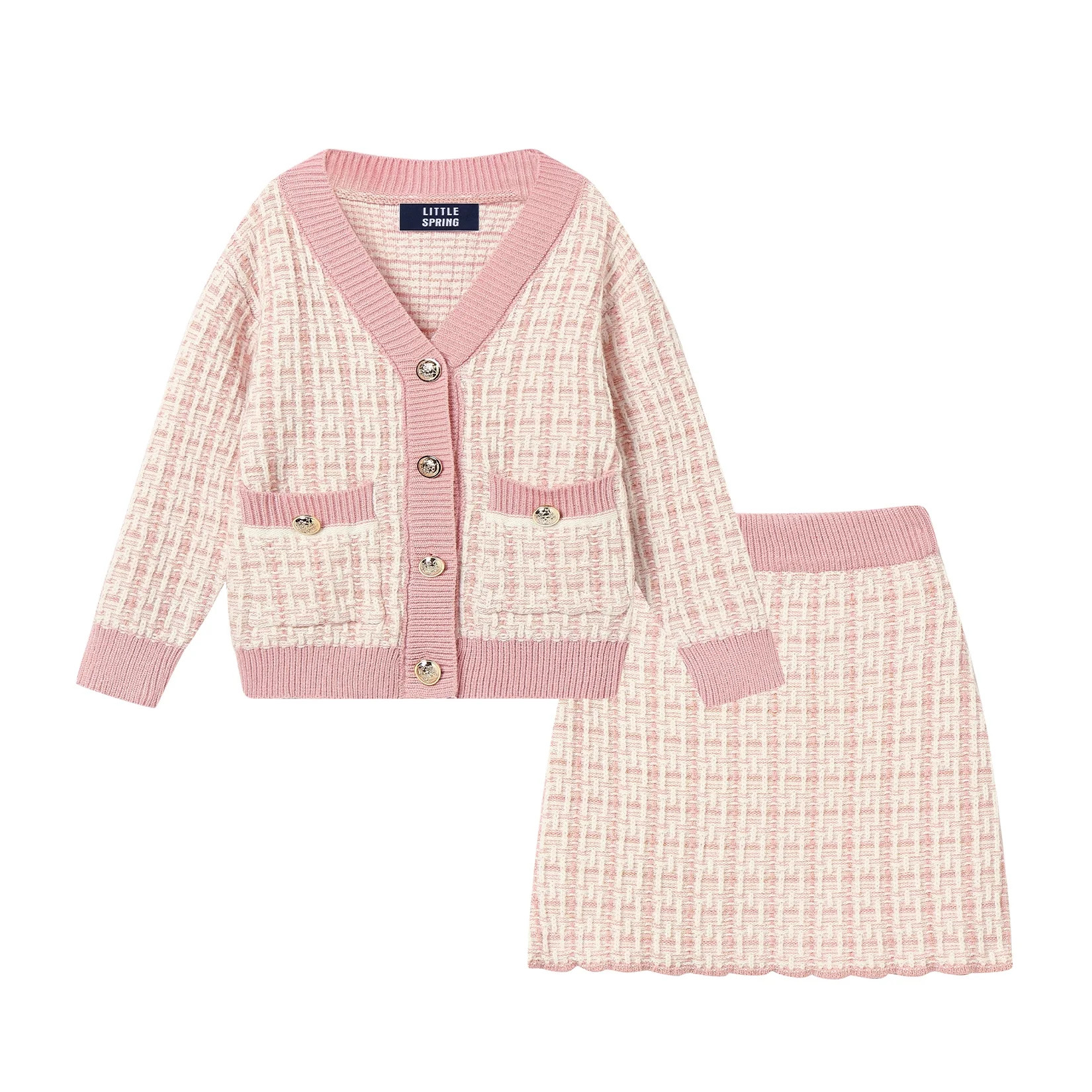 LittleSpring Girls Two Piece 3T Button Front Long Sleeve Tweed Jacket and Skirt Set Pink | Walmart (US)