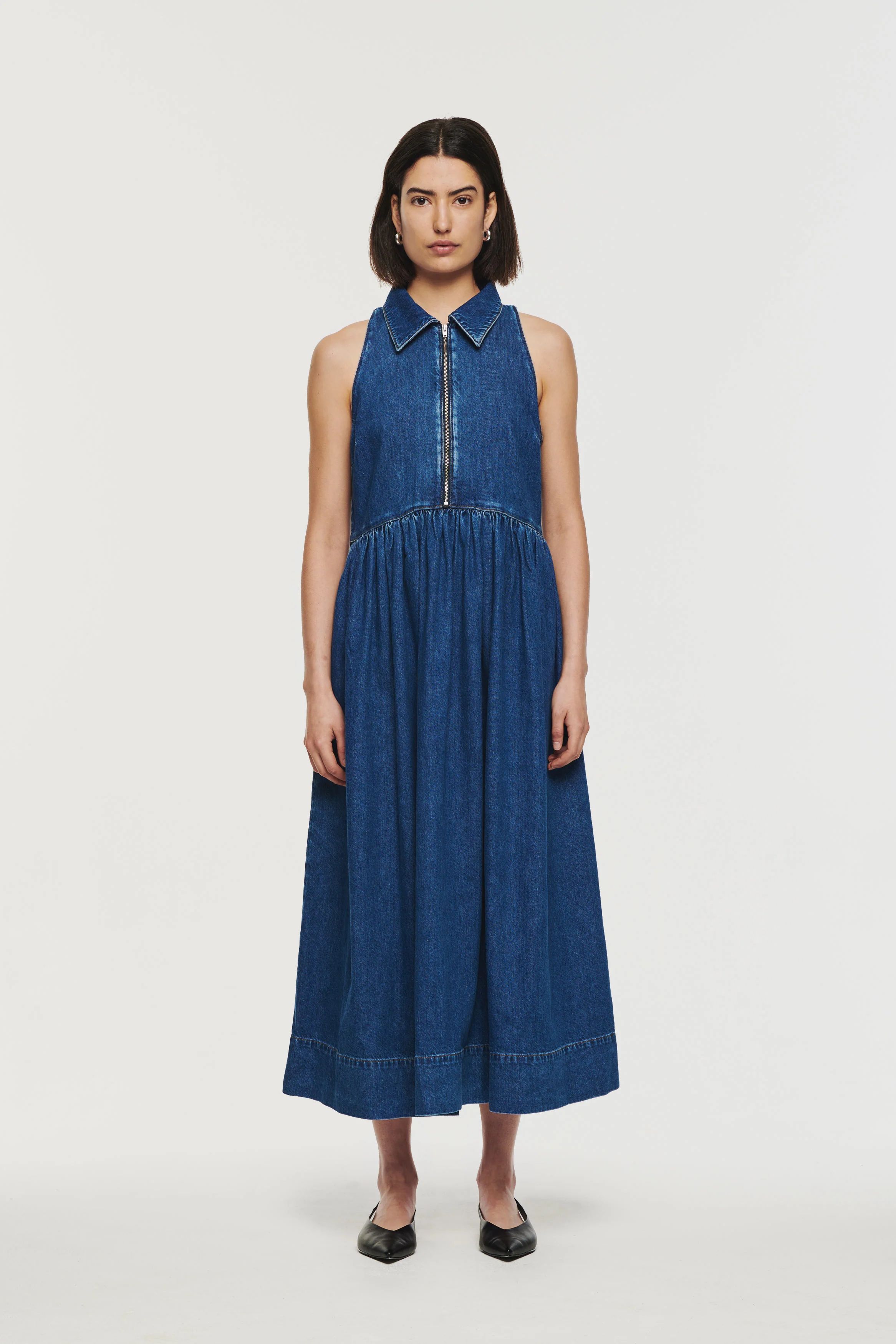 Gabi | Sleeveless Denim Halter Midi Dress in Mid Blue | ALIGNE | Aligne UK