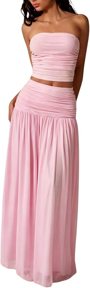 Verdusa Women's 2 Piece Sets Mesh Ruched Bandeau Top With Maxi Skirt Set | Amazon (US)