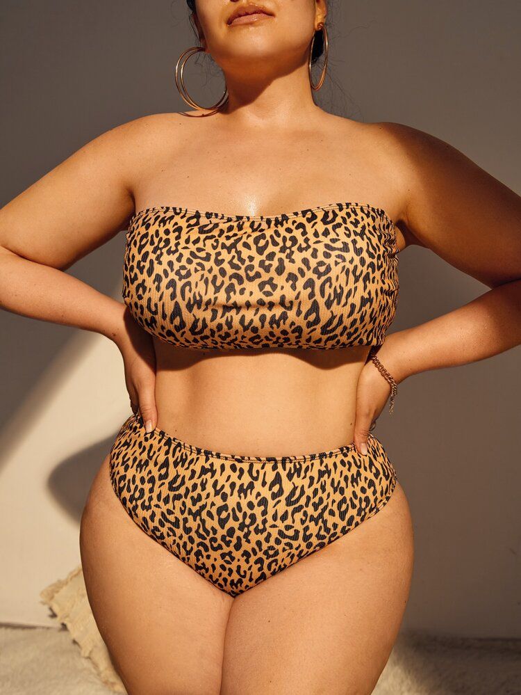Plus Leopard Bandeau Bikini Swimsuit | SHEIN
