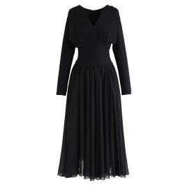 Shirred V-Neck Pleated Sleeves Dress in Black | Chicwish