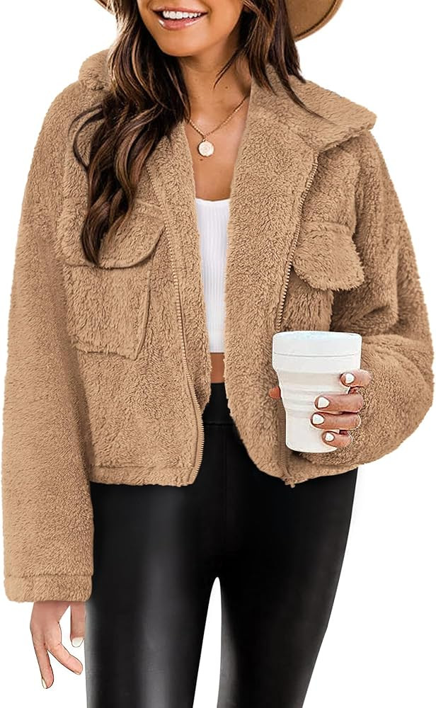 Women's Fleece Jacket Full Zip Sherpa Long Sleeve Casual Fall Winter Teddy Coat With Pockets S-XL | Amazon (US)