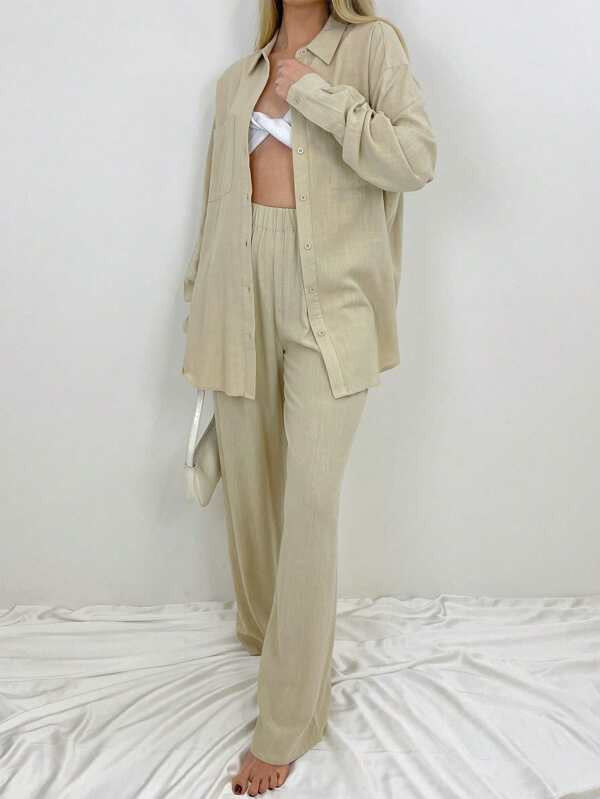 Solid Button Front Shirt & Pants | SHEIN